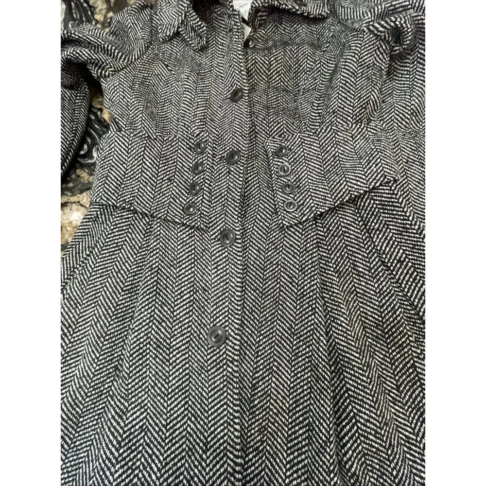 Y2K Wet Seal Herringbone Wool Blend Pea Coat Jacket Black White Herringbone‎ XL